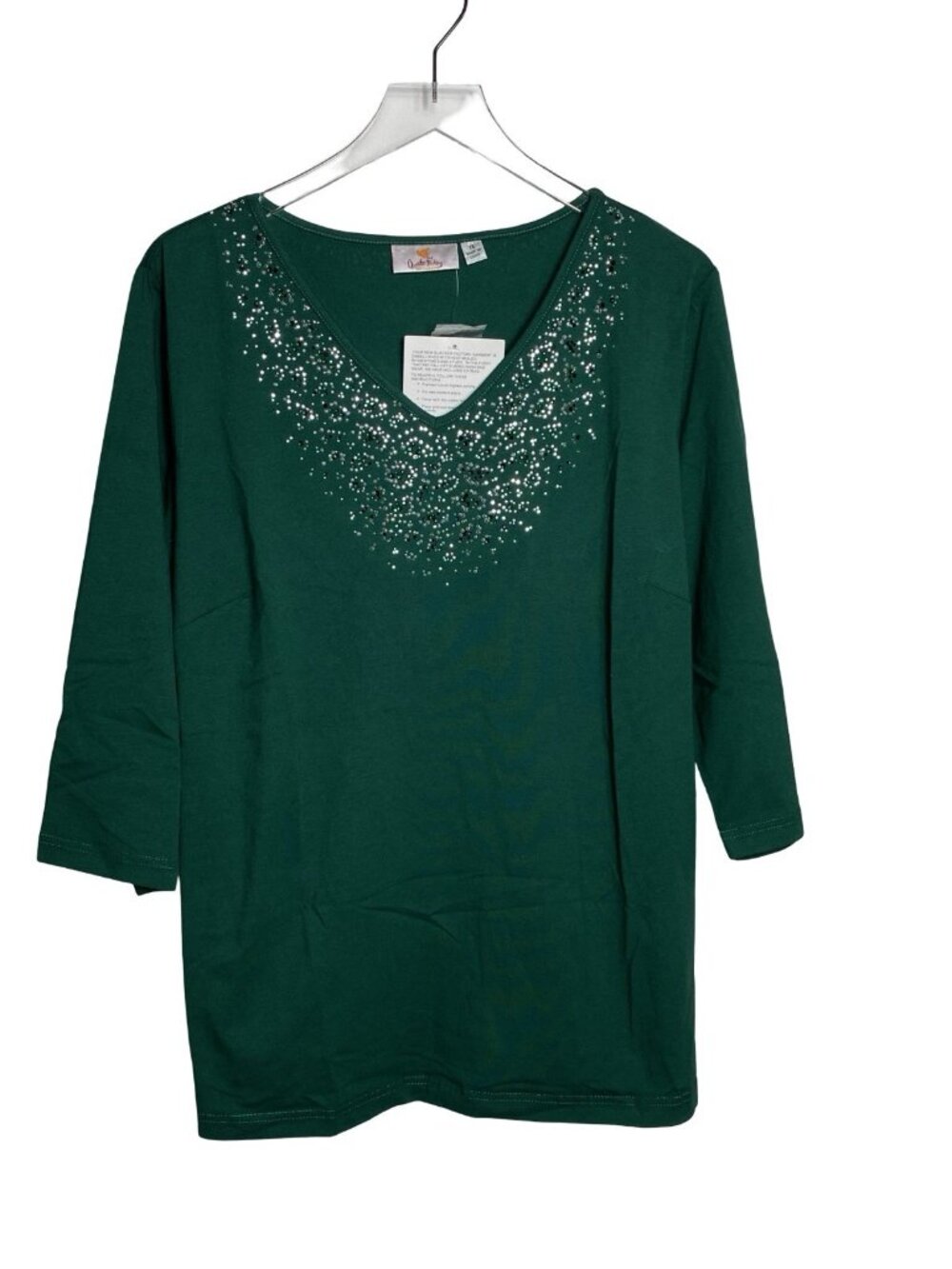 Quacker Factory 1X Green Stretch Tunic Top Beaded Neckline Embellished NEW